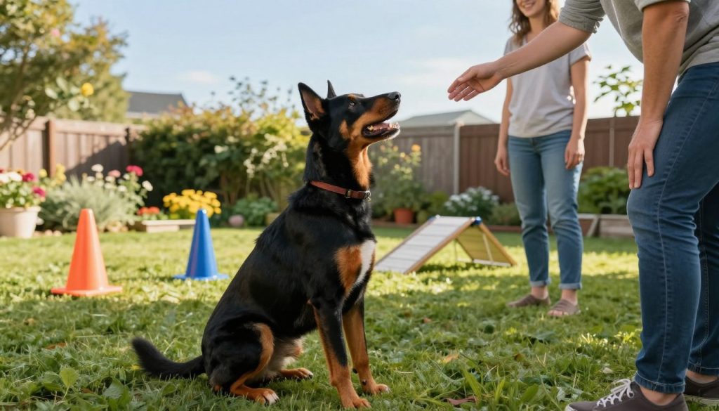 Beauceron practicing obedience in a family yard Beauceron practicing obedience in a family yard