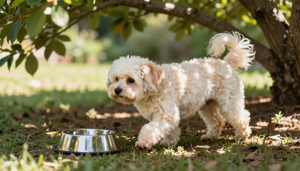 Havanese walking in shade with a water bowl nearby