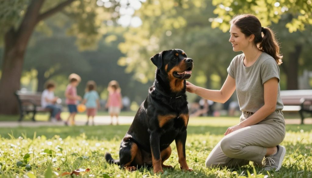Rottweiler practicing calm obedience beside its owner Rottweiler practicing calm obedience beside its owner