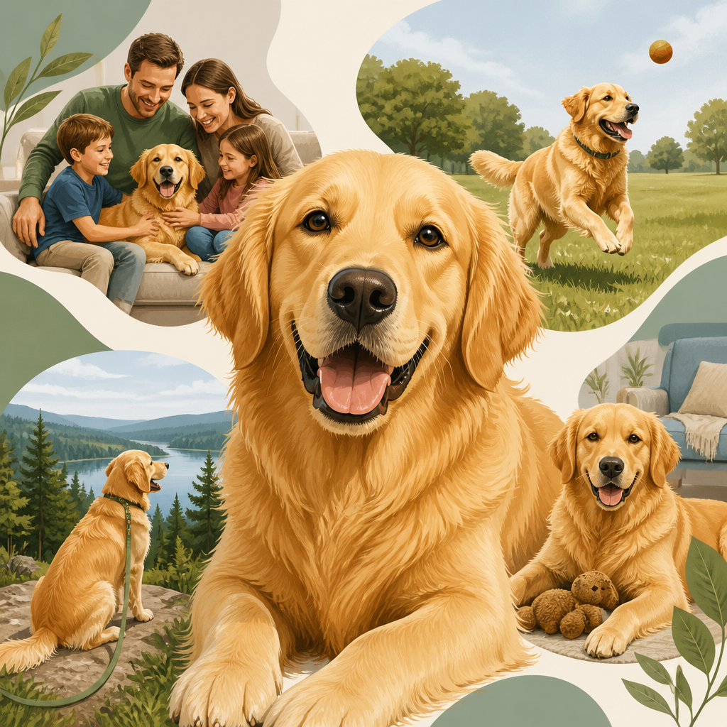 Editorial illustration for an article titled "Golden Retrievers: A Friendly Guid