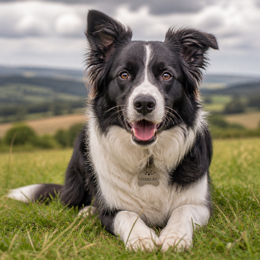 A cheerful black-and-white Border Collie named Douglas rests in a green meadow with rolling hills and cloudy skies in the background.